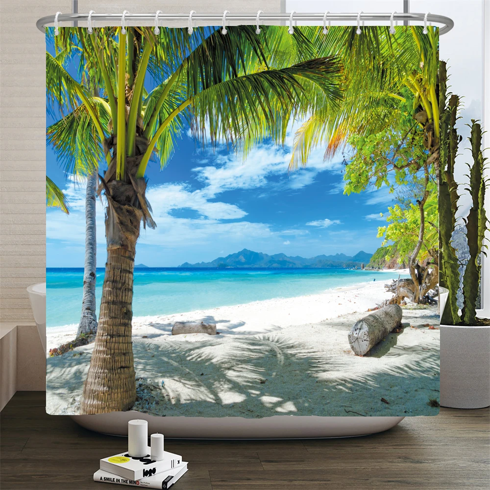 3d Beach Scenery Shower Curtains Sea Ocean Mediterranean Bathroom Curtain Waterproof Cloth Decoration 180*240cm Bath Curtain