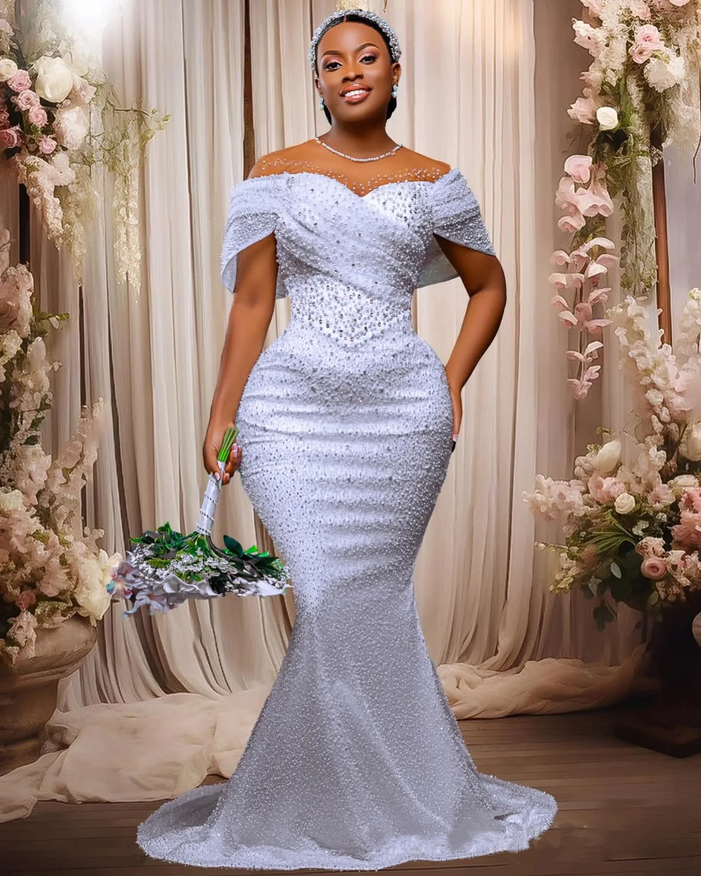 Maßgeschneidertes 2026 neues elegantes Plus-Size-Meerjungfrau-Perlen-besticktes Hochzeitshut-Ärmel mit abnehmbarer Schleppe, sexy Ball-Brautkleid