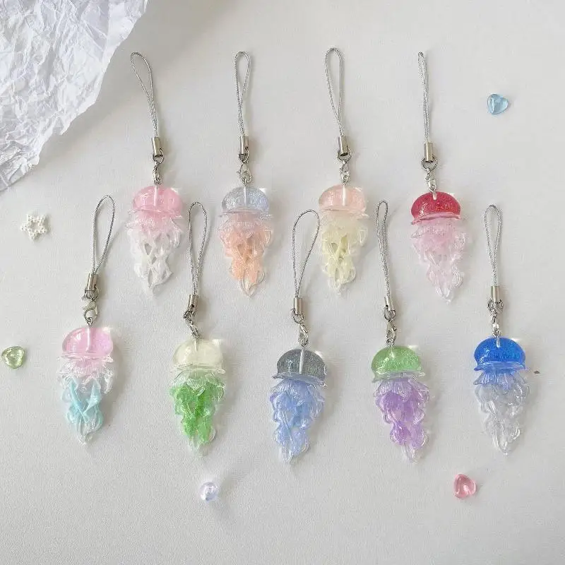 Creative Jelly Color Jellyfish Charm Keychain Y2K Beaded Pendant Phone Chain Car Hanging Decoration Bag Pendants Ornament Gifts