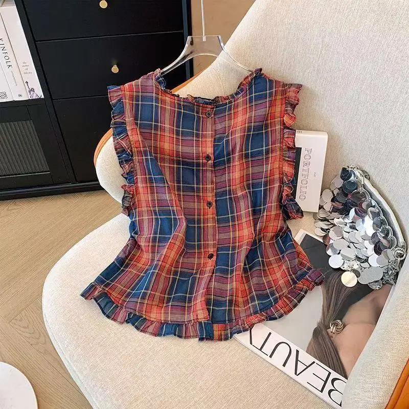 

Color Blocking Printed Checkered Shirt Women Summer Sleeveless Fungus Y2k Tops Korean Fashion Slimming Camisas