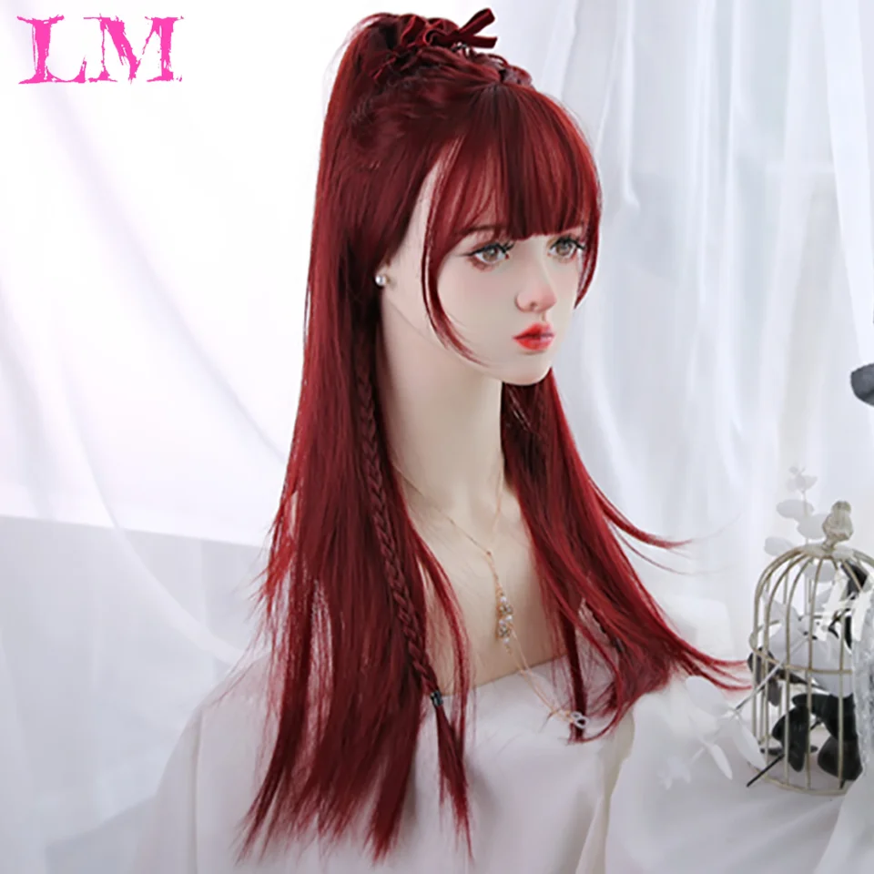 LM Red Wig Long Straight Wig for Woman Nature Synthetic Wigs for Cosplay Daily Use Heat Resistant headband wigs