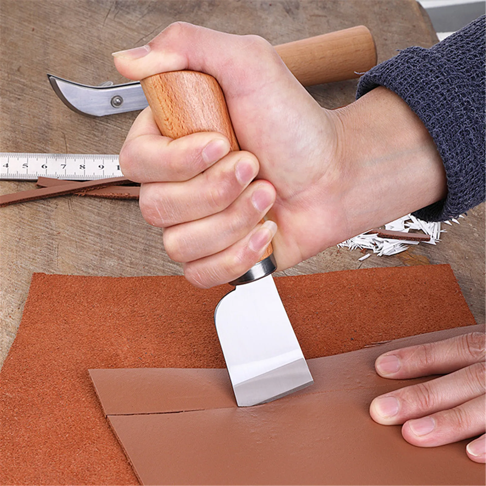 Cuchillo de adelgazamiento de cuero de acero inoxidable, herramienta de corte de Material hecho a mano, de boca ancha recortadora, mango de madera