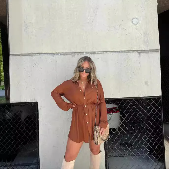 

2025 Autumn New Women's Clothing Fashion Solid Color Long-sleeved Shirt Onesie Europe and America