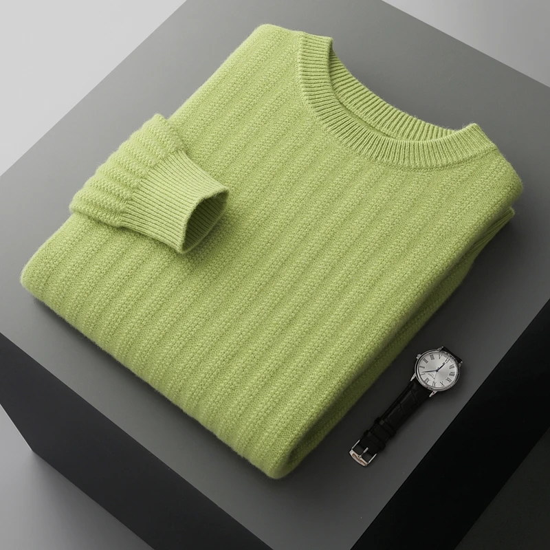 Autumn Winter Thick 100% Pure Wool Sweater Men's Round Neck Knitted Pullover Casual Solid Color Top Long Sleeved Warm Menswear