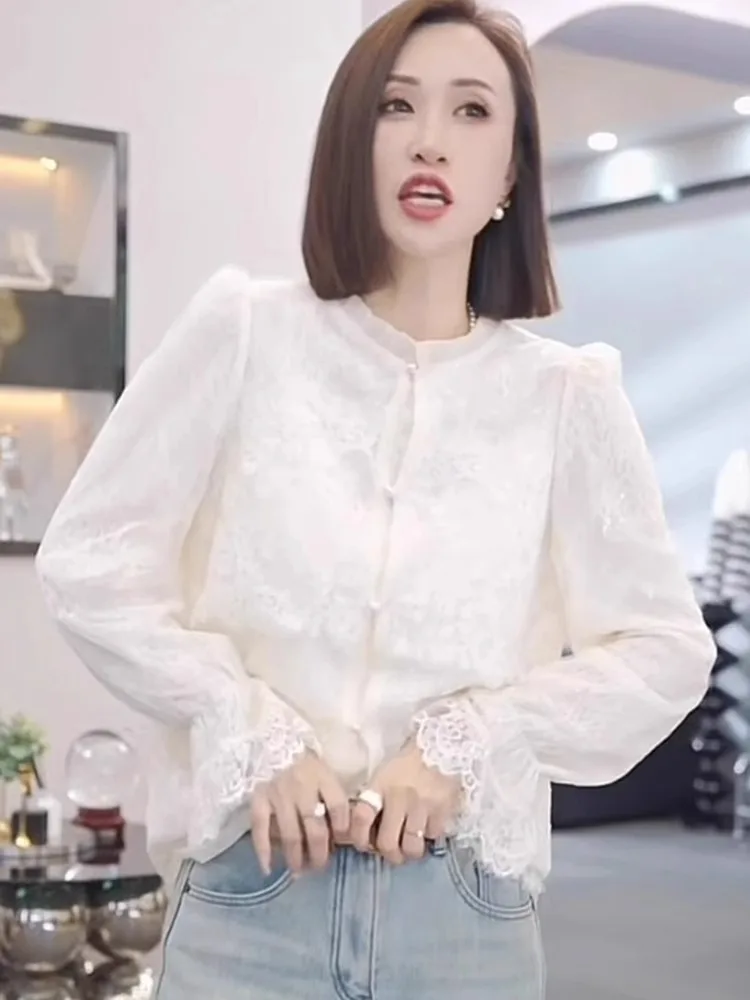 

Ele Lace Splice Long Sve шифоновая блузка женская мода для поездок на работу Sle универсальный топ для похудения корейская версия весна 2024