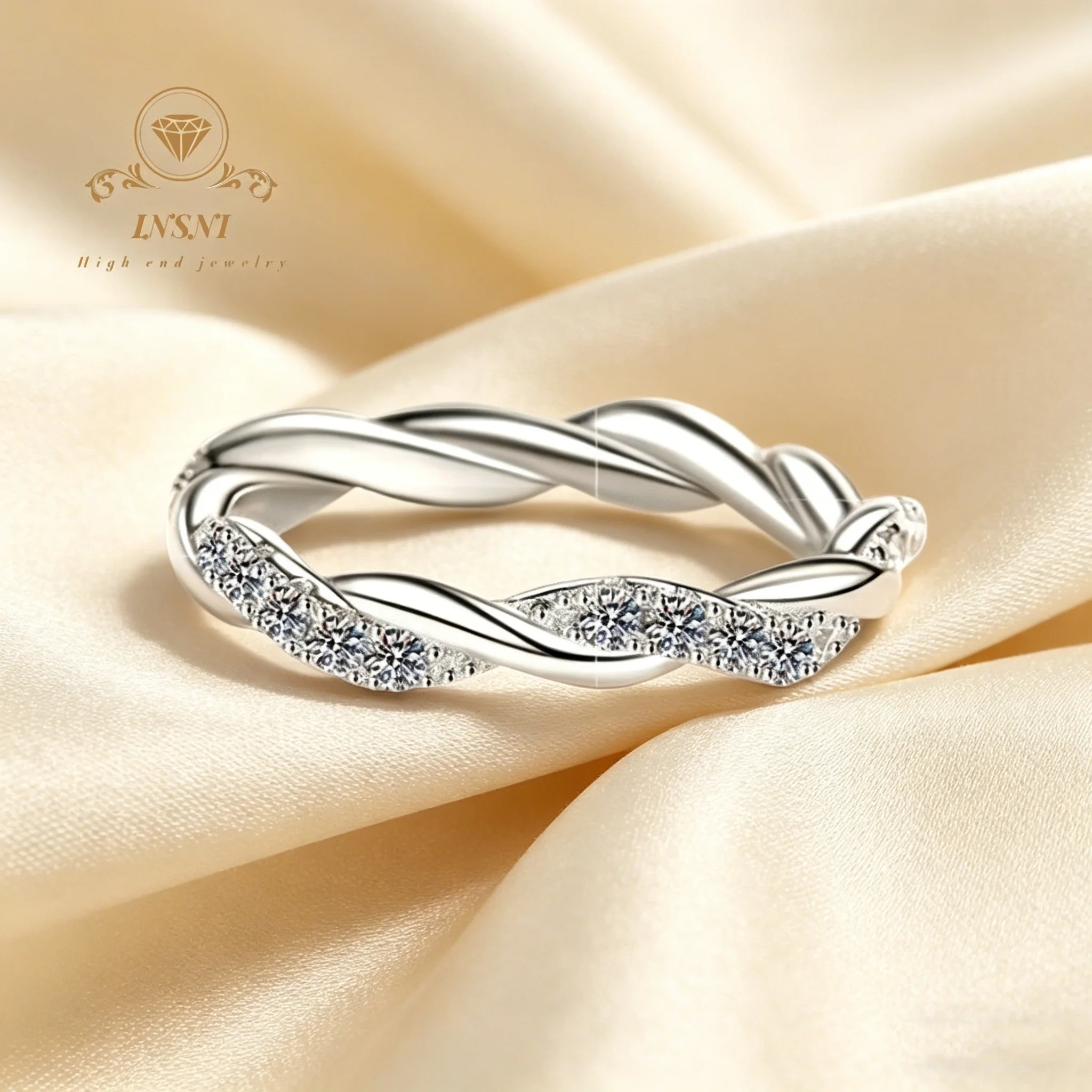 

D Color Moissanite Twisted Band Ring, 925 Sterling Silver Half Eternity Stackable Ring Wedding Band for Women Jewelry Girl Gift
