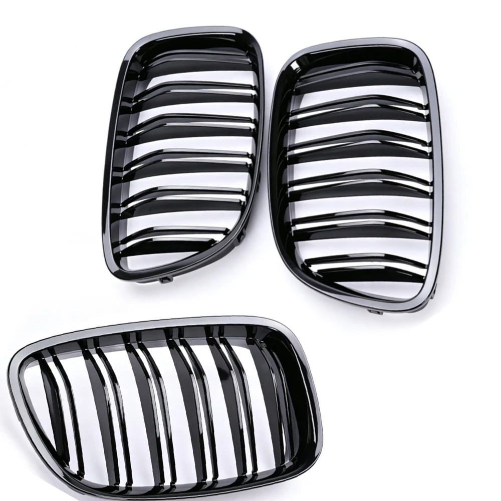 For 5 Series F07 GT Dual Slats Front Kidney Grille Gloss Matte Black Semi Carbon Fiber Silver Frame Black Core Tri-Color Grill