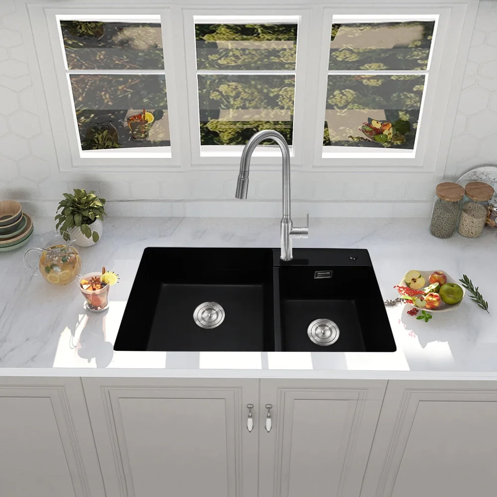 Aquacubic Handmade Granite Stone Single Bowl Sink Black Color Undermount Rectangular Design For Above Counter Installation