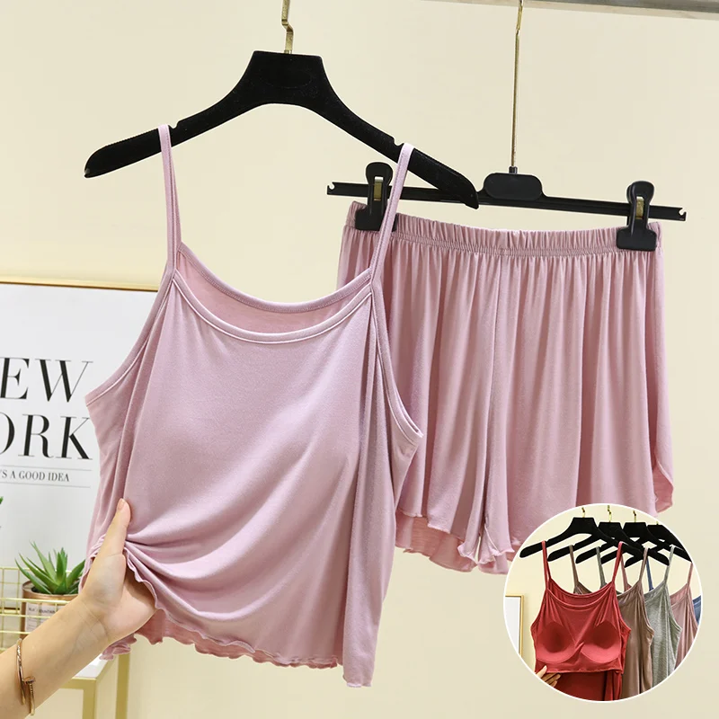 Women's Modal Tank Top with Chest Pad Summer Home Sleepwear Thin Short Pants Two-Piece Set Integrated Design Lightweight Comf...