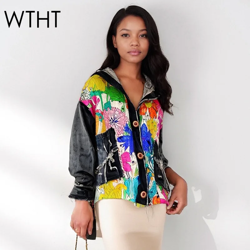 

WTHT Fashion Women Contrast Color Flower Print Wash Hooded Denim Jacket 2025 Autumn Trendy Long Sleeve Loose Coat Female 1LS2499