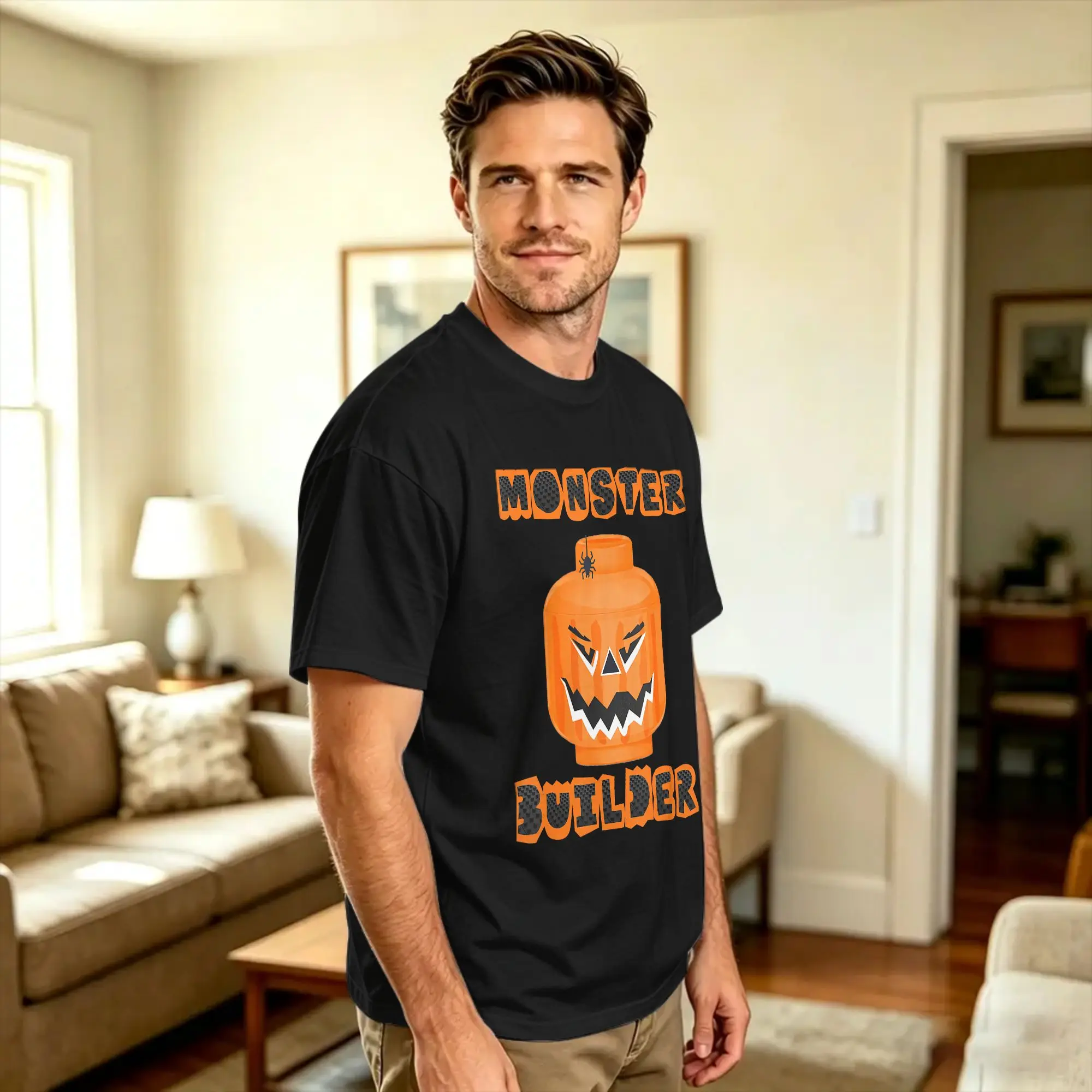 Casual T Shirt Beach Halloween Building Bricks Monster Builder Pumpkin Head Funny Novelty T-Shirts 100% Cotton Tee Shirt for Man
