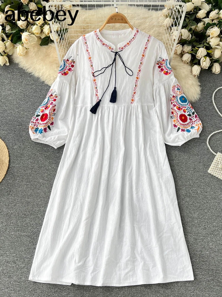 Summer White Boho Vintage Style Hand Embroidered Tunic Mexican Dress Hippie Puebla Retro Hippie Loose Vestidos