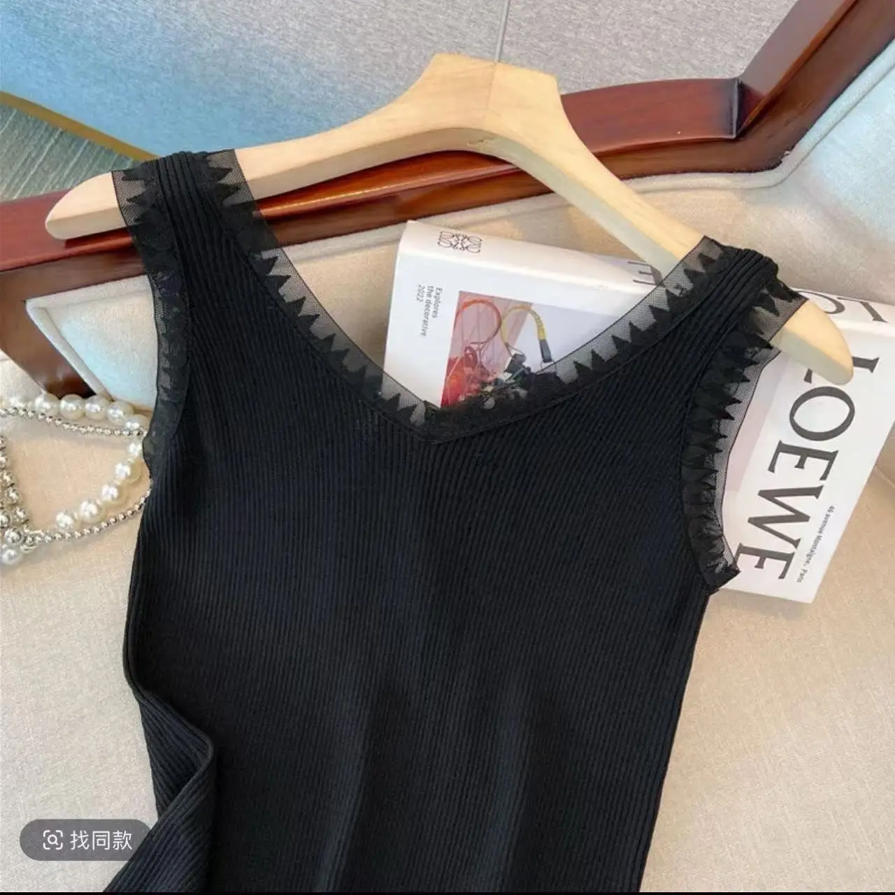 Rippstrick-Tanktop mit Spitzenbesatz, dehnbares, ärmelloses, tailliertes Leibchen für Damen, Sommer-Basic-Chic-Outfit