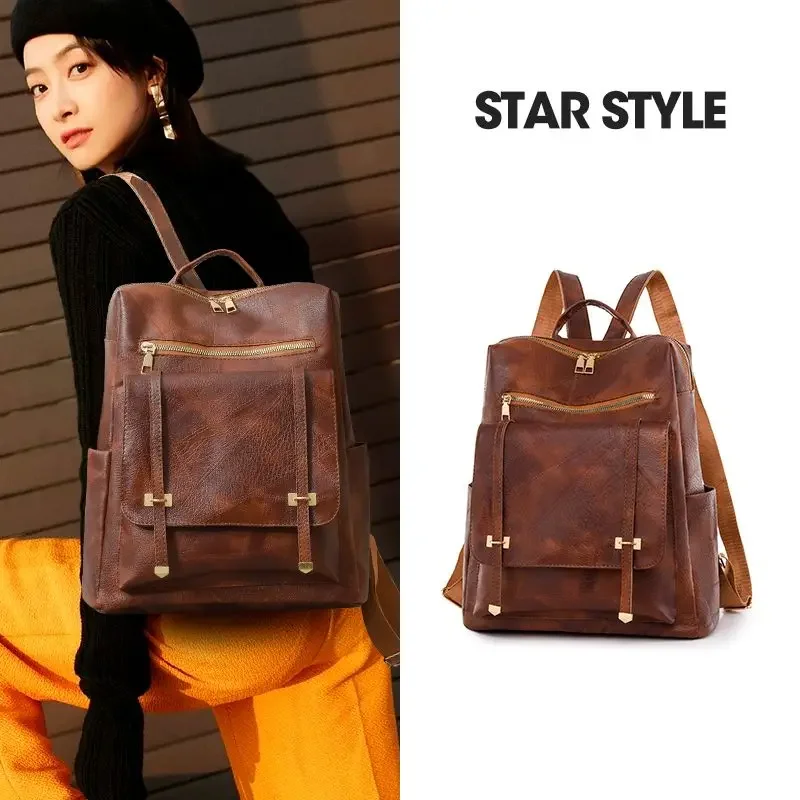 Retro Simple Fashion Trend Soft Leather Backpack Female 2025 New Large Capacity Wear-resistant Mommy Travel College Student Bag