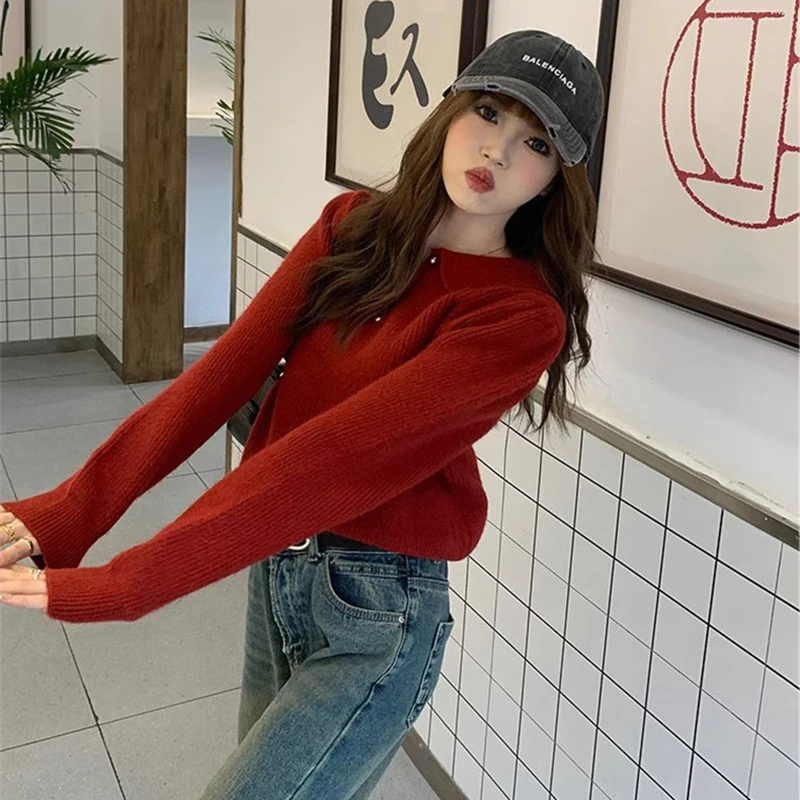 2026 Chic Turn Down Collar Knitted Sweaters Women Button Up Solid Color Sweater Pullovers Woman Korean Long Sleeve Jumpers Mujer