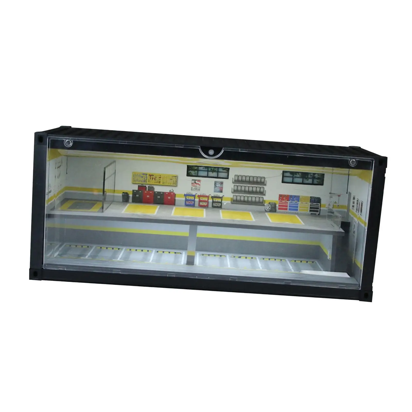 

1:64 Garage Display Case Background Backdrop Dustproof Repair Shop Scene Garage Diorama Lighted for Doll Diecast Car Layout