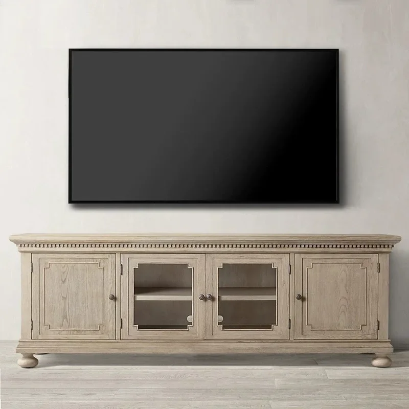 American solid wood retro old living room engraved TV cabinet French country antique oak locker floor