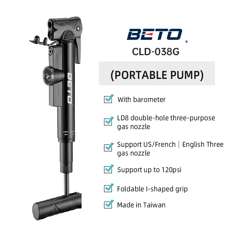 BETO Portable Bike Pump Small Super Light Cycling Riding Inflator Bicycle Repair Tool Accessories Support U.S. France Standard