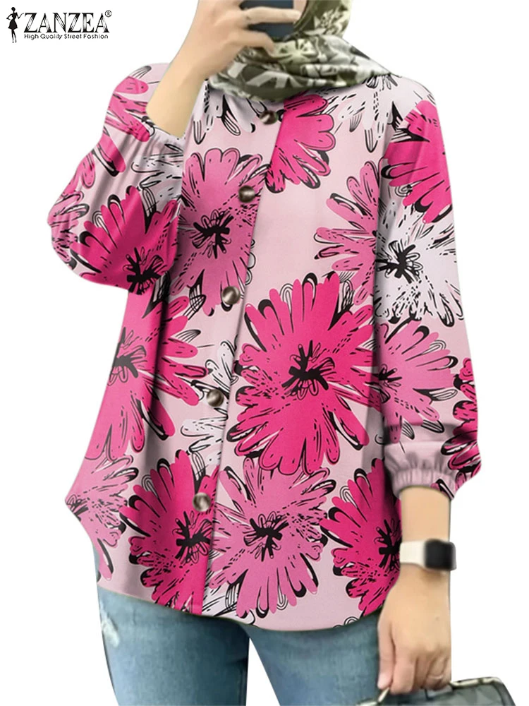 ZANZEA, camisas elegantes de manga larga con estampado Floral para primavera, blusa para mujer, ropa islámica, Tops musulmanes informales, Blusas bohemias para mujer