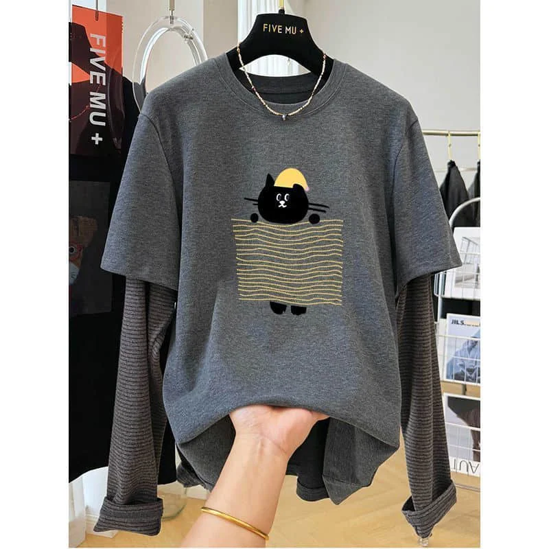 O-neck T-shirts Velvet Fleece Cartoon Print False Two-piece Tops Casual Korean Style Long Sleeve 2026 Autumn Women Clothing