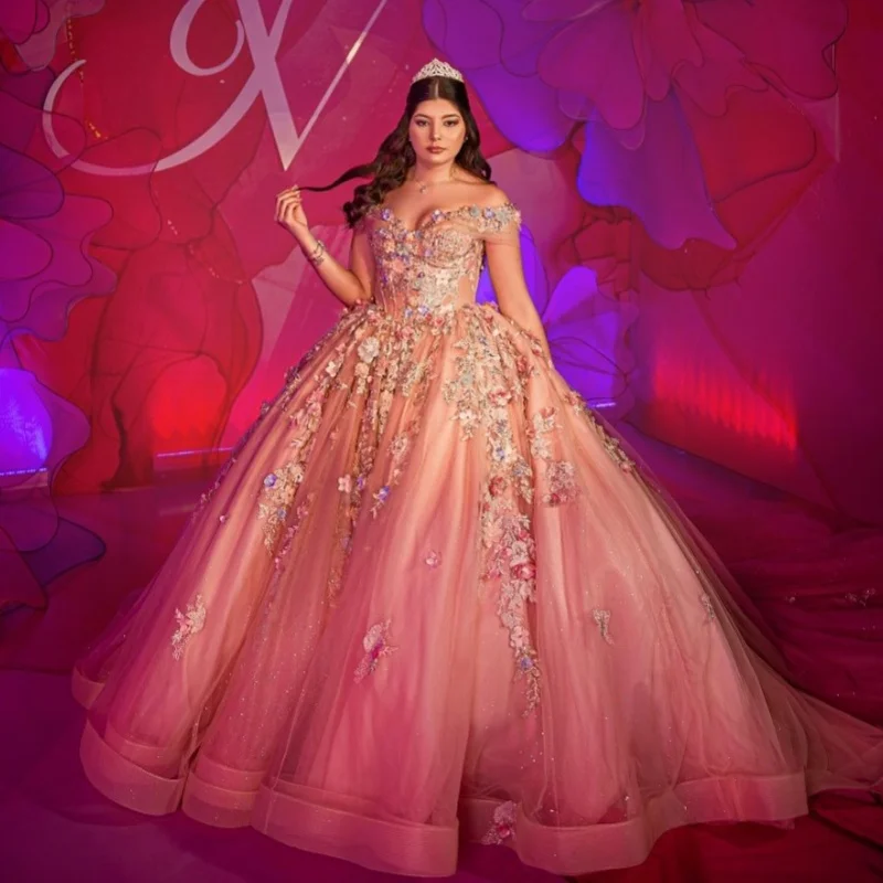 

light color Quinceanera Dress Lace beading glitter decal layering 3D flower vestidos de 15 Quinceanera ﻿Customized