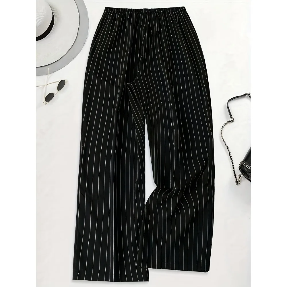 Plus Size 1XL-5XL Women's Fashion Stripe Print Pants Ladies Casul Comfortable Drawstring Waist Elastic Loose Pants