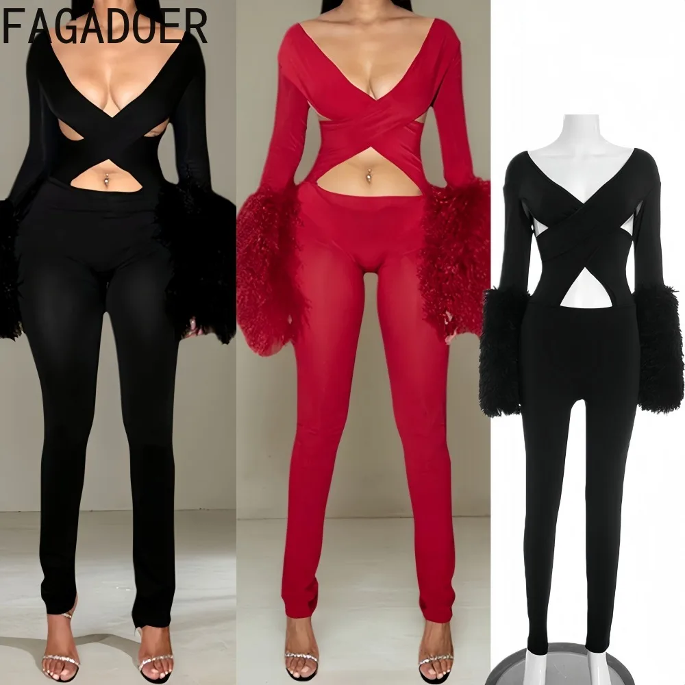 

FAGADOER зимние сексуальные облегающие комбинезоны с мехом в стиле пэчворк, женские комбинезоны с v-образным вырезом и длинными рукавами, женские вечерние клубные комбинезоны