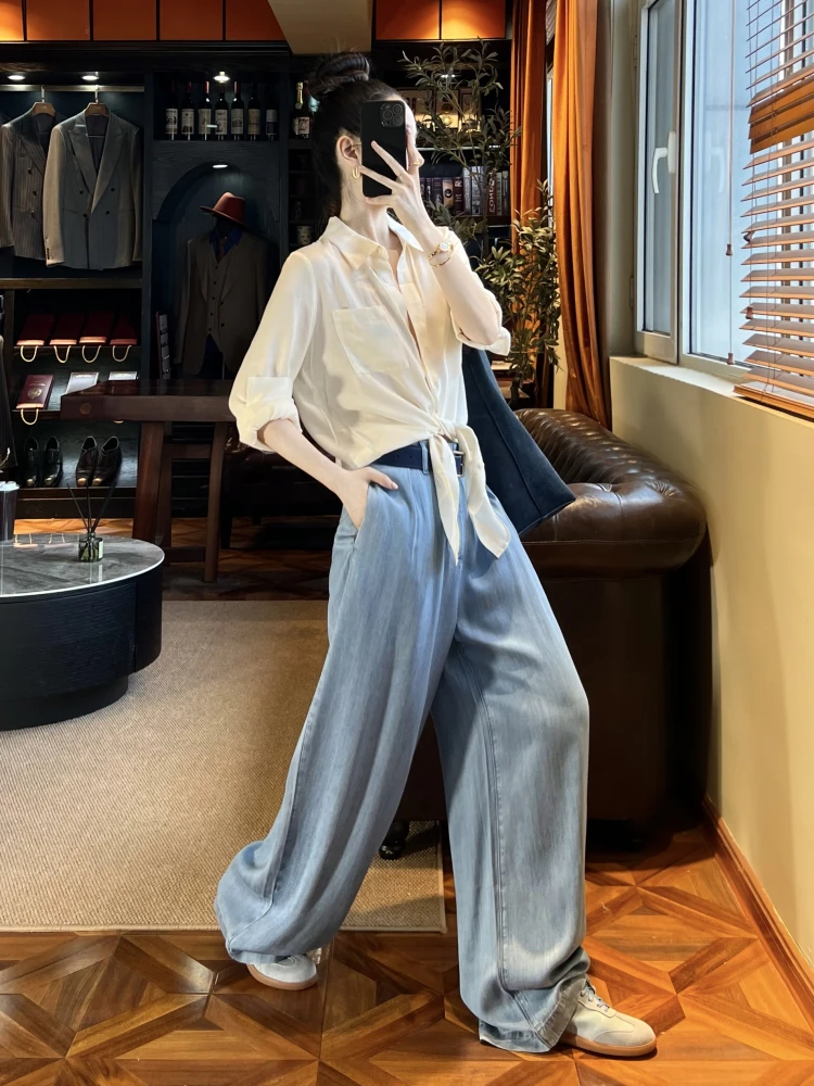 

Cool High Waist Loose Women's Jeans Summer Casual Wide Leg Pants Silk-Like Comfortable Lightweight Blue Denim Trousers