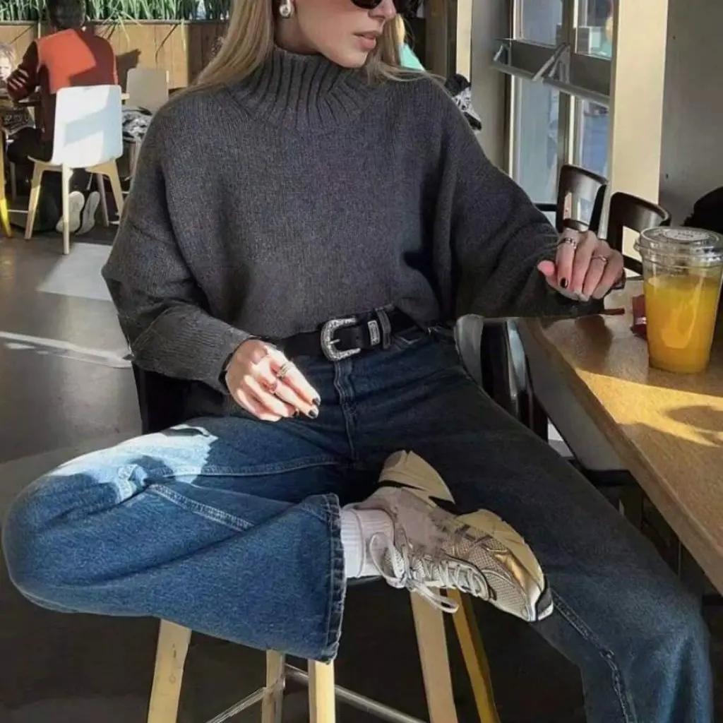 

Pure Color Half Turtleneck Ribbed Knitwear European And American Style Autumn Winter Loose Casual Pullover for Women