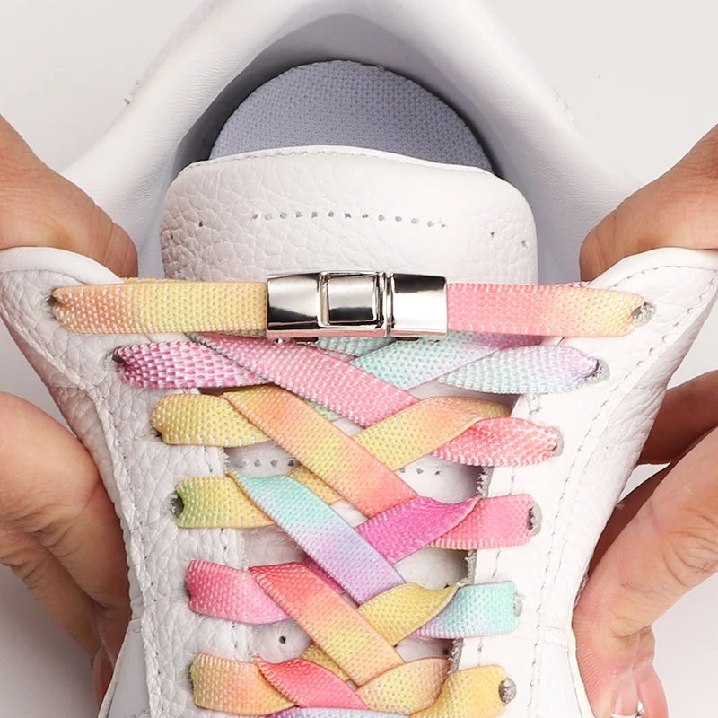 Elastic Laces Sneakers 8MM Wide Flats Colorful Press Shoelaces Without Ties No Tie Shoe Laces Kids Adult Rainbow Rubber Shoelace