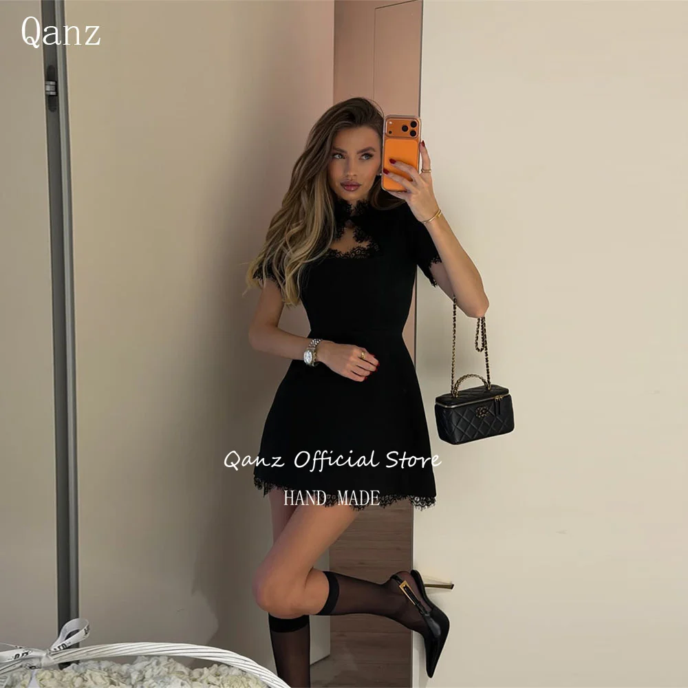 

Qanz Sexy Mini Prom Dresses Women Black Lace Vestidos De Gala Short Sleeves Robe De Soiree Femme Chic élégante Customized