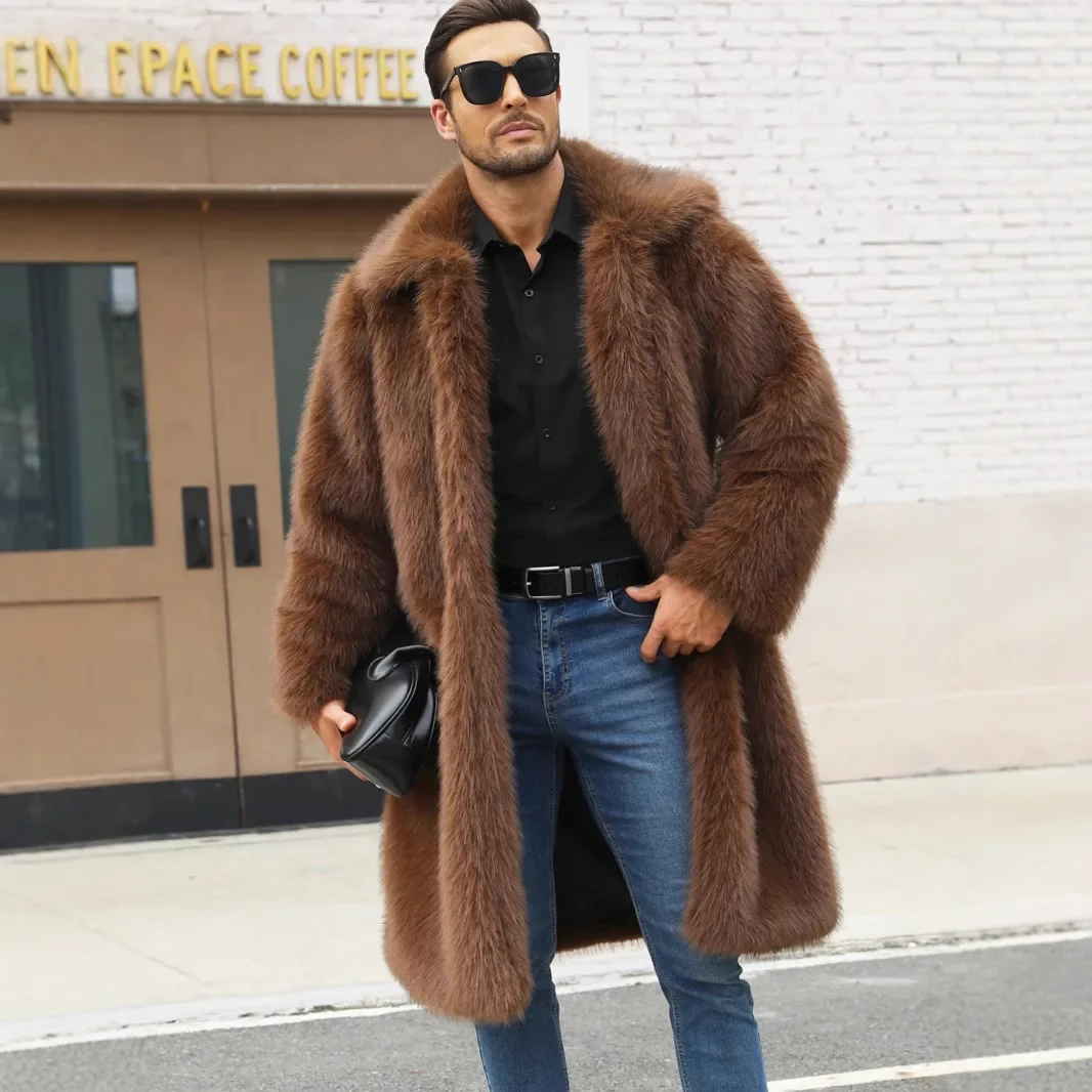 

Luxury Fur Black Parkas Outerwear Men Faux Fur Jacket Autumn Winter Thick Maxi Coat Long Sleeve Warm