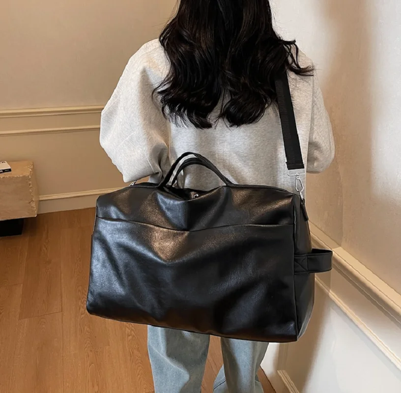 New Korean Fashion Vintage Large Capacity Travel Totes Men Women's Business Soft Leather Shoulder Bags Sports Fitness Bag