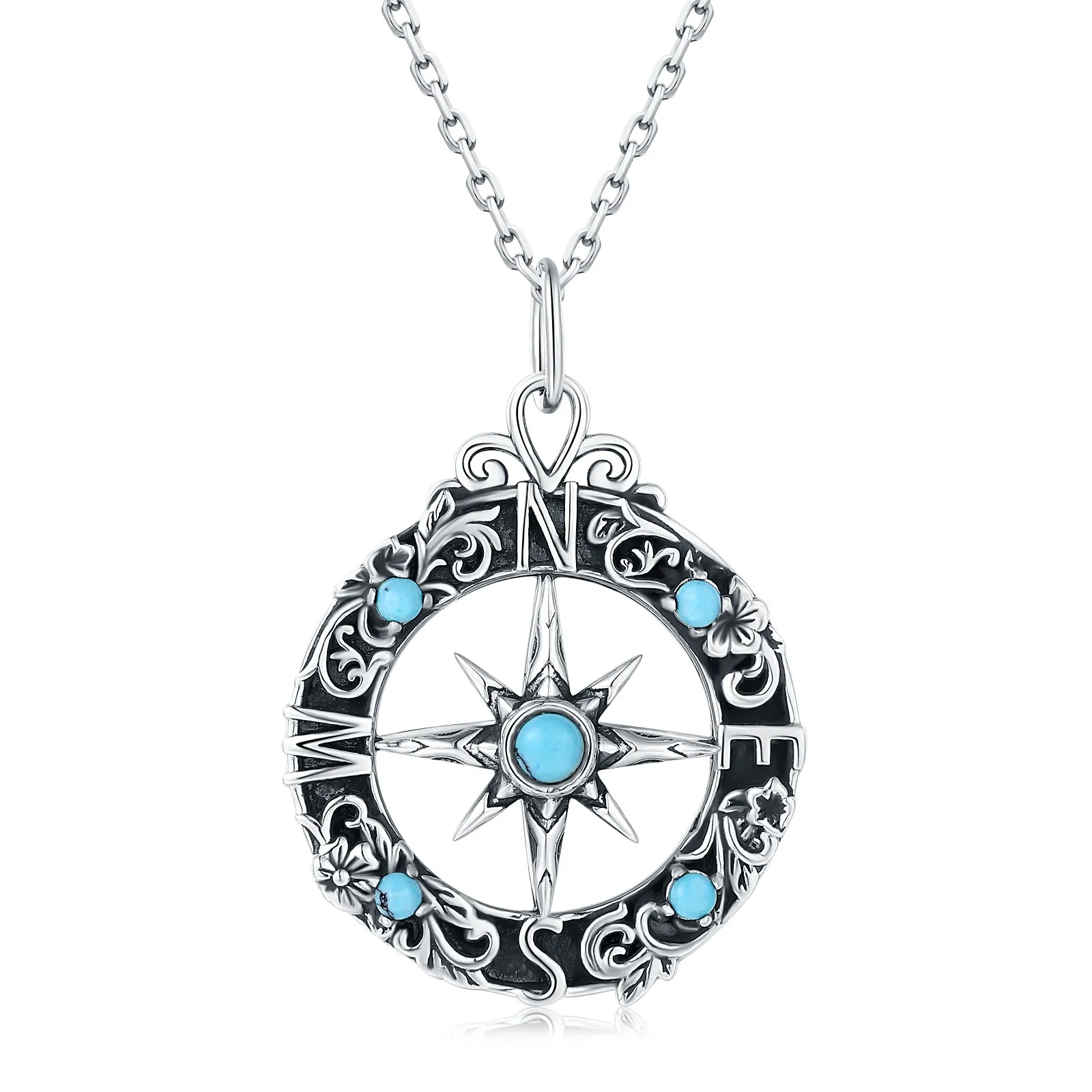 

925 Sterling Silver Turquoise Vintage Rotatable Compass Necklace Inspirational Nautical Dream Pendant Jewelry Gifts for Women