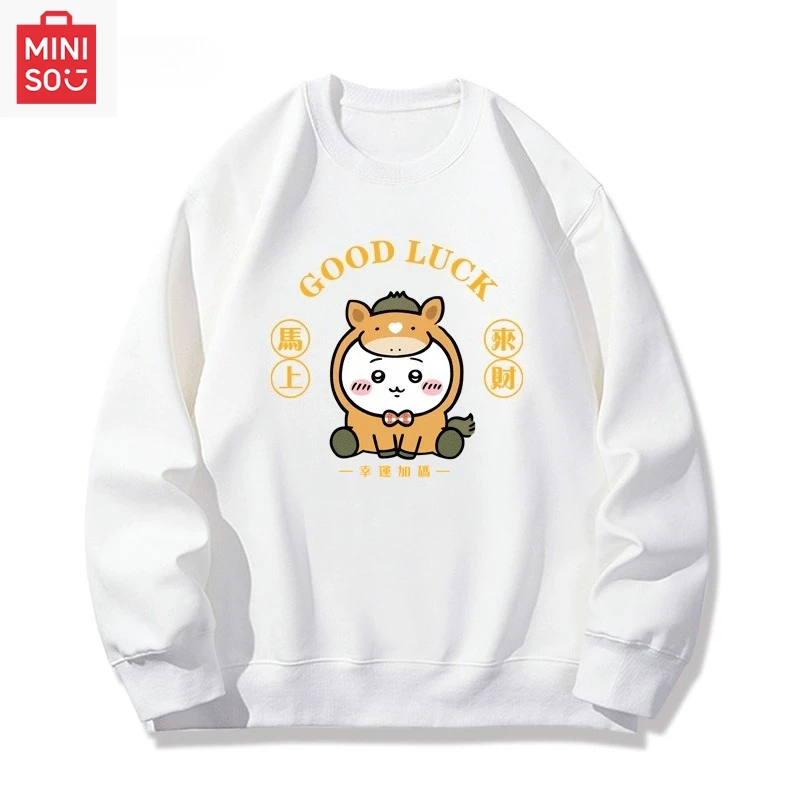

MINISO коллаборационная толстовка с принтом Chiikawa, свободная, с длинными рукавами, повседневная и милая, с рисунком для девочек и мальчиков
