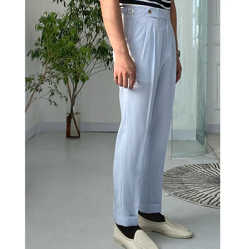 Sky Blue Seersucker High Waist Straight Pants British Petty Bourgeoisie Blue Stripe Italian Casual Trouser Men Pantalones Hombre