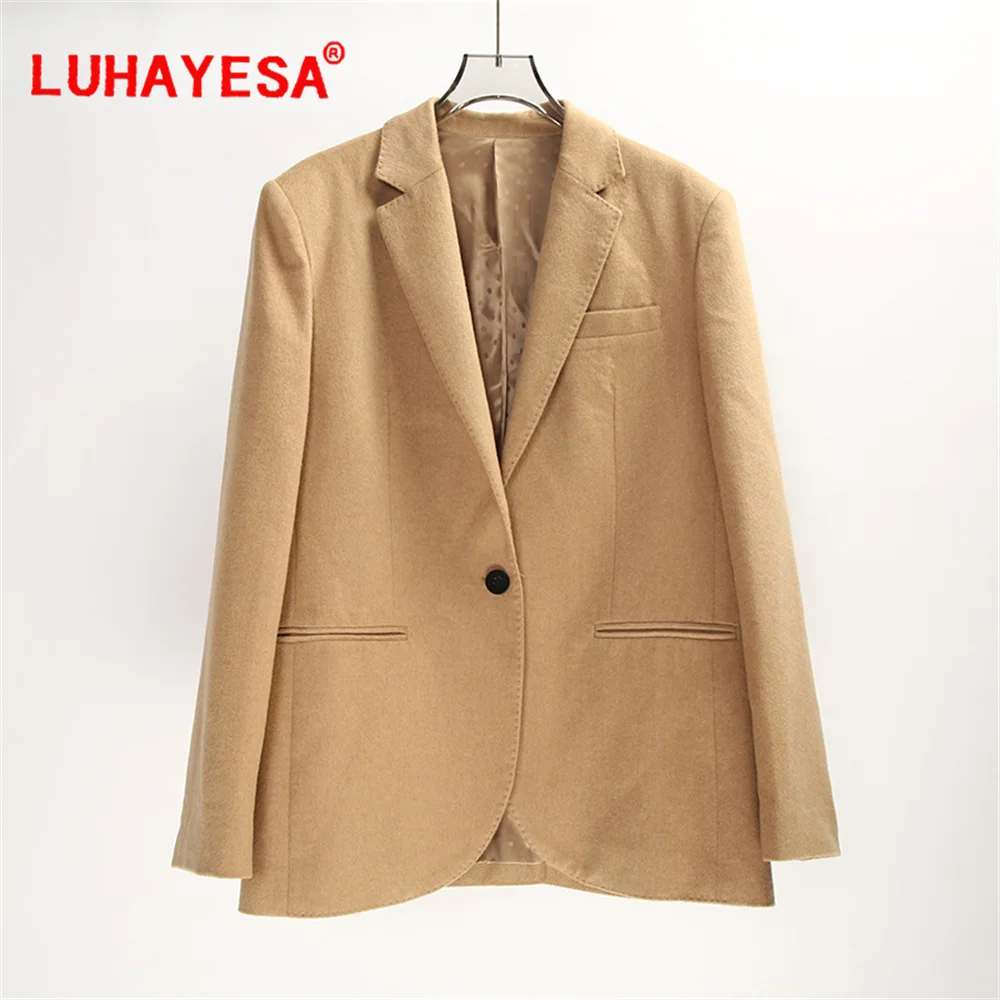 2024 Luhayesa Women Camel Color Suit Style 100% Alpaca wool Coat Office Lady Autumn Spring Slim One Button Suit Outerwear