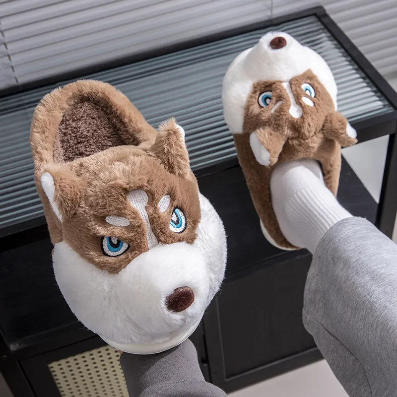 Cartoon Plus Size Indoor Fluffy Slippers for Women Men Winter Warm Shoes Cute Dog Light Weight Couples Home Floor Slipper Gift
