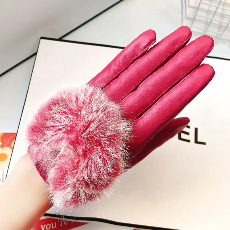 

Real Leather Gloves Female Warm Plushed Lining Thicken Fashion Wrist Rabbit Hair Women Sheepskin Gloves Driving YSW0070