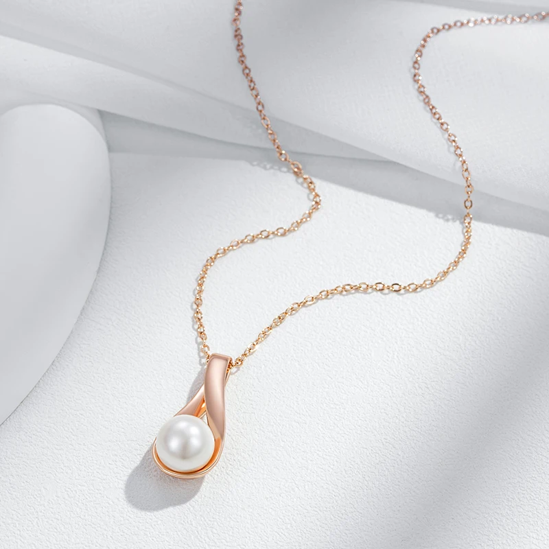 Kinel Luxury 585 Rose Gold Pendant Necklace for Women Unique Geometric Hollow Pearl Bridal Wedding Jewelry Daily Wear Gift