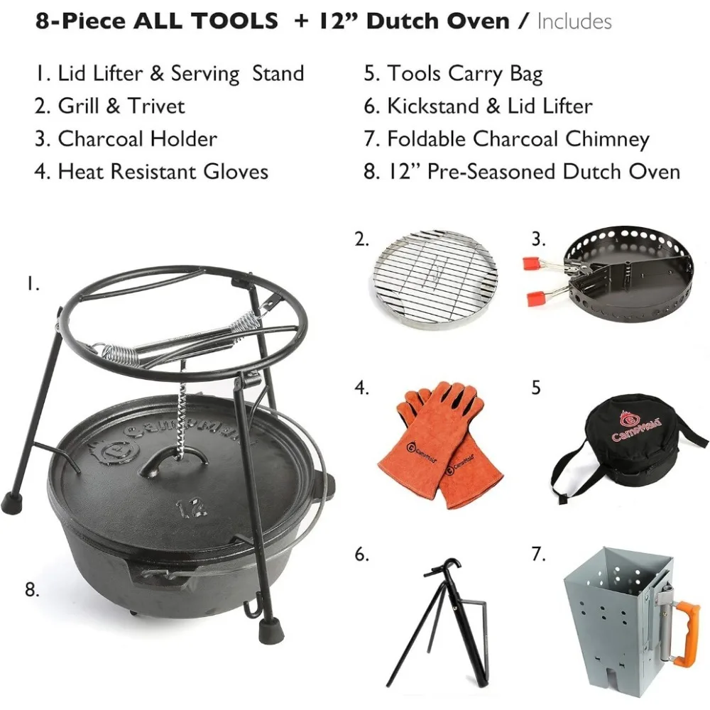 Ferro fundido Cozinhando Set para Outdoor Grill, Forno holandês e ferramentas Set, suporte de carvão, Camping Acessórios