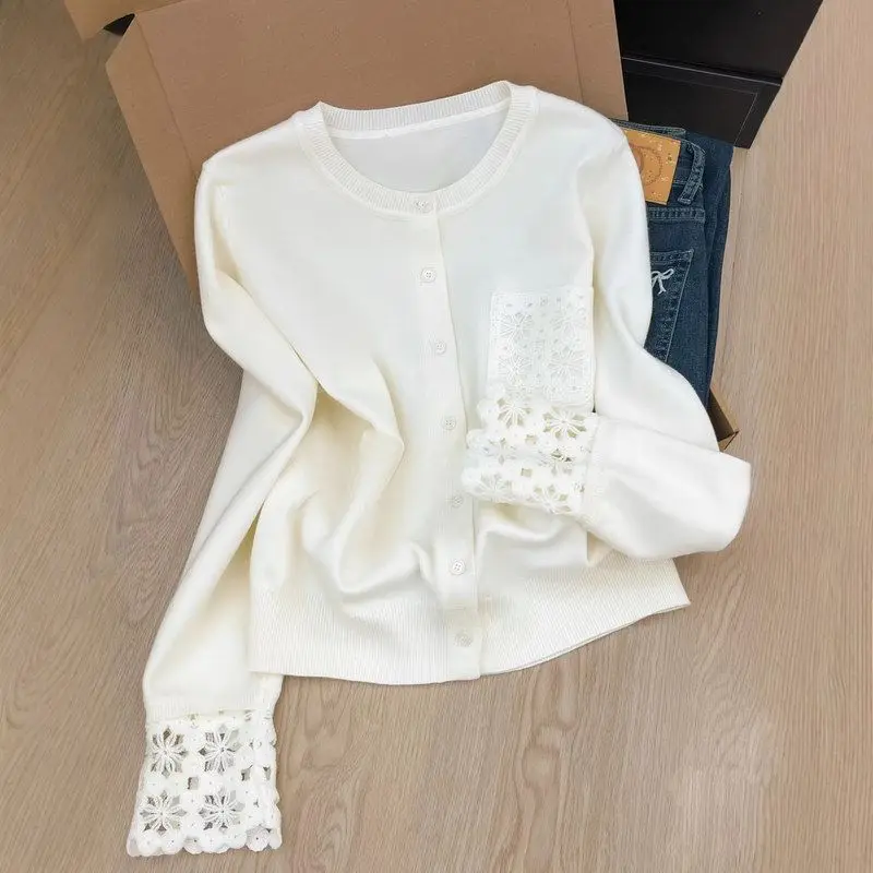 

Вязаный кардиган с длинными рукавами и цветочным узором, белый, в корейском стиле, уникальный, осенне-зимняя верхняя одежда для женщин