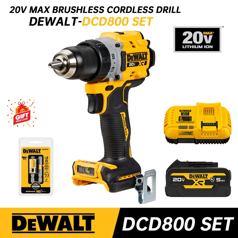 DEWALT DCD800 Cordless Drill Driver 20V Lithium Battery 2000 RPM Brushless Motor Rechargeable Drill Power Tools DCD800 SET