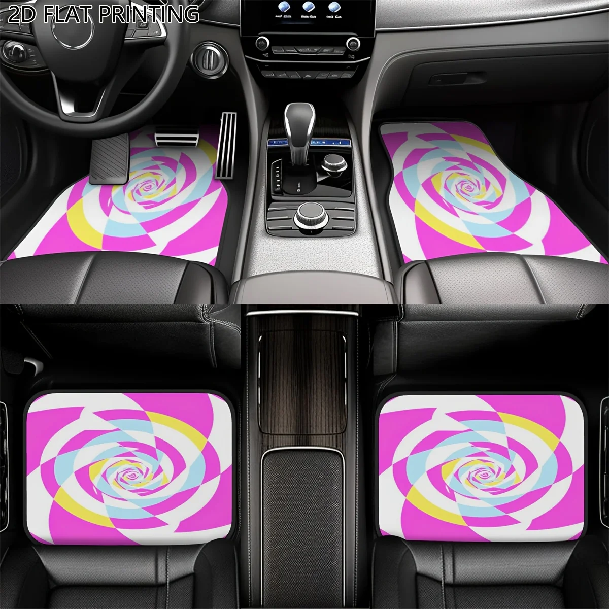 Set Of 4 Bright Pink Spiral Car Floor Mats | Polyester, Universal Fit, Trendy Interior Decor