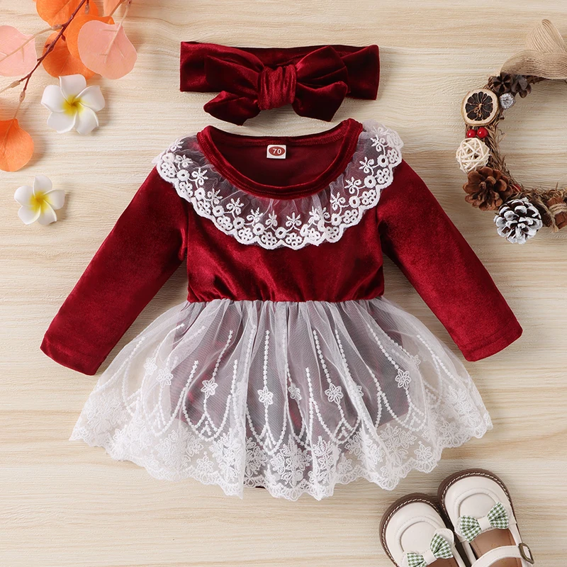 Baby Girl Velvet Rompers Dress Lace Patchwork Skirt Hem Jumpsuits Newborn Bodysuits with Headband Set for Christmas Party Outfit