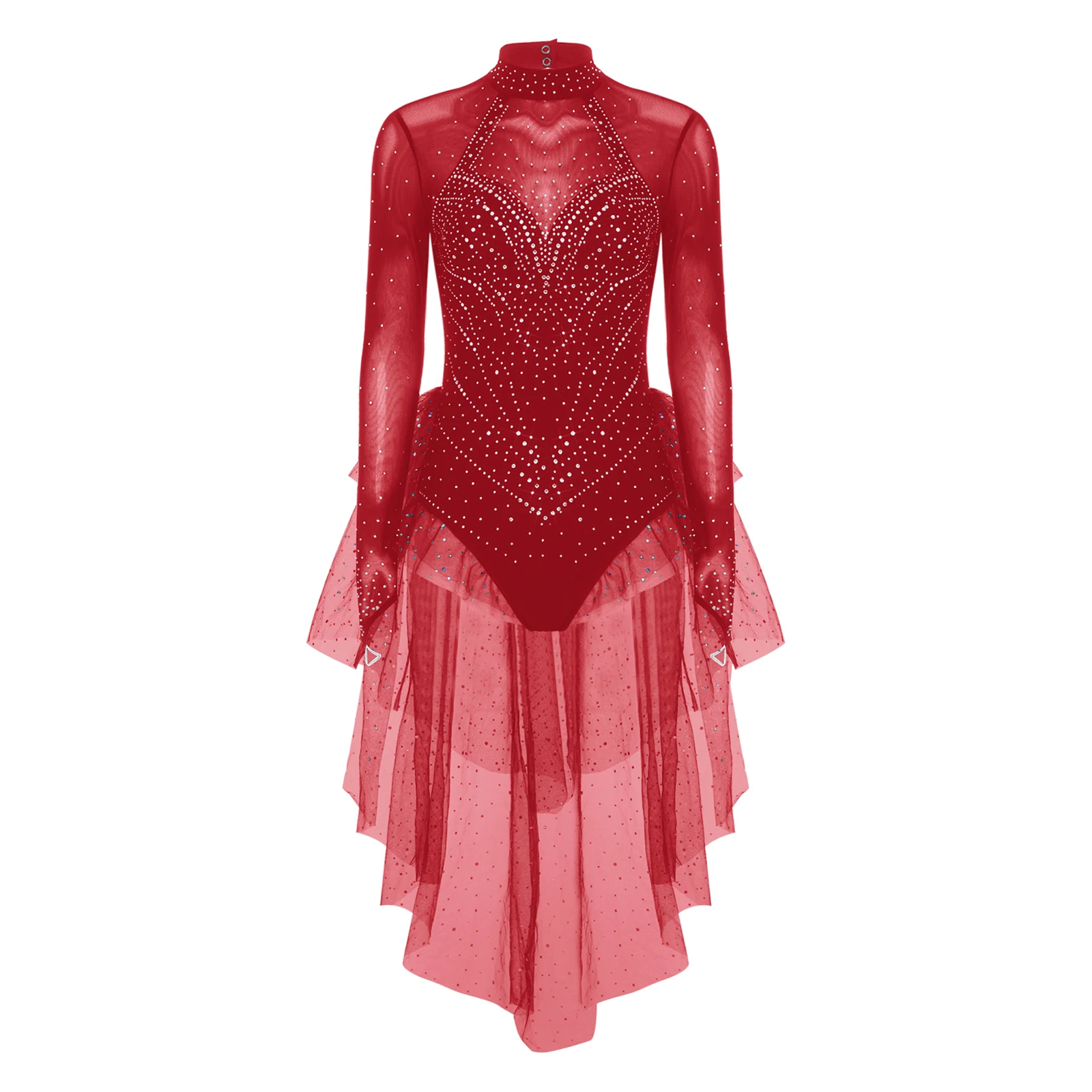 Damen Eiskunstlauf-Bodysuit mit Langen Ärmeln, Strass-Verzierung, Stufenförmigem Rüschen-Tüllrock, Leotard-Jumpsuit für Ballett-Wettbewerbe und Tanzbekleidung – Detail 24