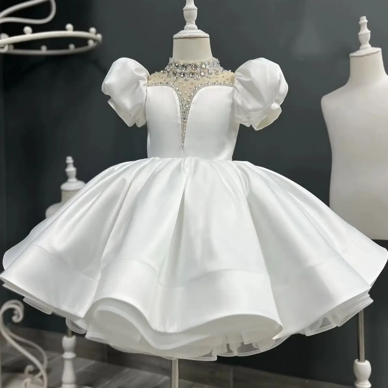 White Satin Flower Girl Dresses For Wedding Customized High Neck Beaded Litter Kids Baby Birthday Gowns First Communion Dresses