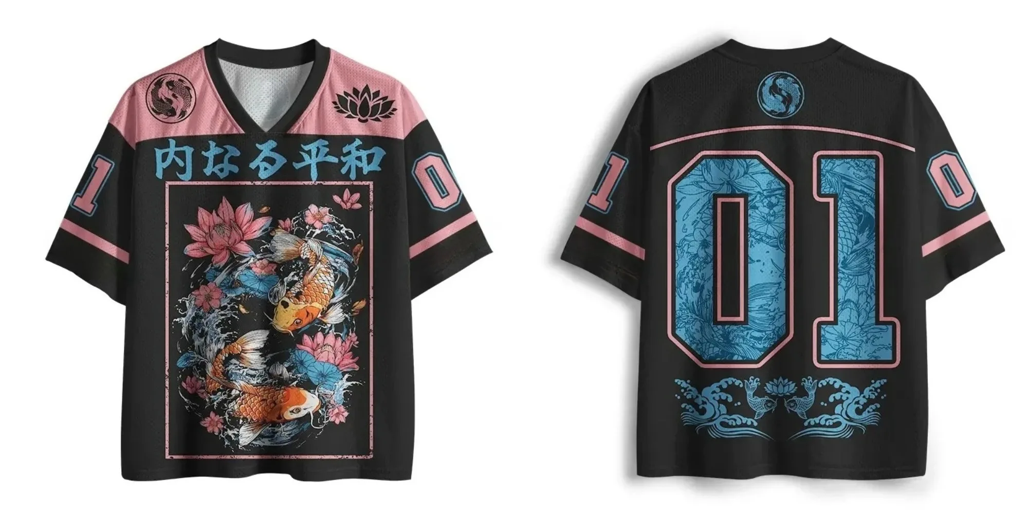 Japanese Style Koi Lotus 3D Print Quick Dry Breathable V-Neck Jersey  Unisex Loose Summer Street Tee