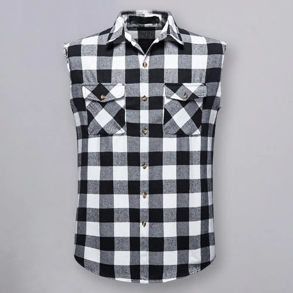 Trendy Men Shirt Lightweight Flap Pockets Colorfast Summer Plaid Print Sleeveless Shirt  Summer Shirt Slim Fit