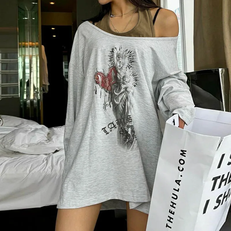 American street Spice splicing fake two printed long-sleeved T-shirt diagonal neck one line shoulder loose slimming top